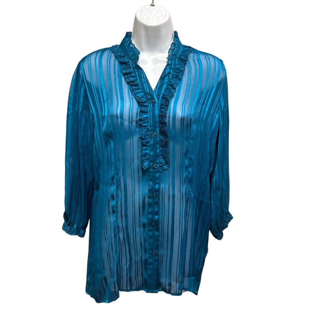 Vintage Mandee Sheer Blue Button Front Long Sleeve Blouse Size M